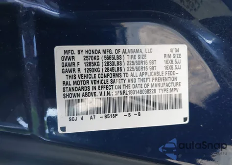 2004 Honda Odyssey Ex-L z USA, uszkodzony, nr VIN 5FNRL18014B098228